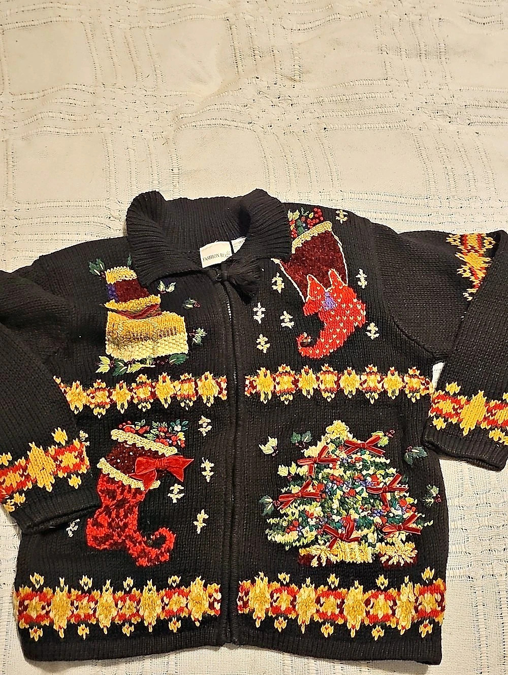 Fashion Bug Sweater Embroidered Holiday Black Small 80s Vintage Ugly Christmas